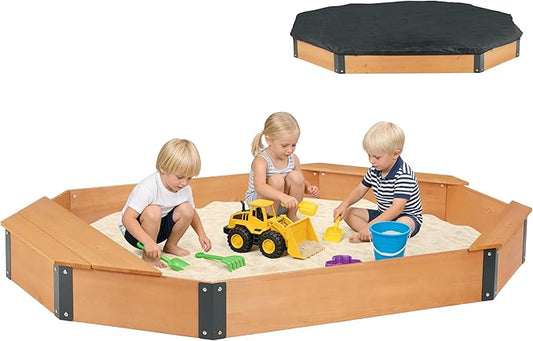 75.5''x53''x8.5'' Octagon Sandbox with Storage Box for Kids Outdoor Play, Wood Large Sandpit with Cover & 3 Benches, Quick Easy Install