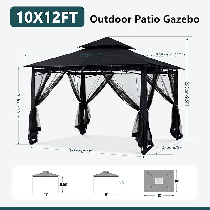 MASTERCANOPY Outdoor Garden Gazebo for Patios with Stable Steel Frame and Netting Walls (10x12,Black)