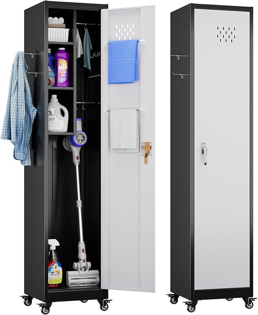 Aobabo Metal Broom Closet Storage Cabinet with Wheels, 72'' Tall Steel Cleaning Tool Cabinet for Garage with Pegboards and Hooks,Black and Grey,Assembly Required