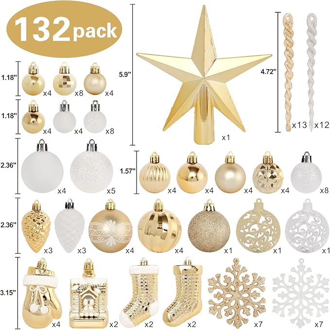 Christmas Tree Ornament Set - 132pcs Gold White Ball Decoration, Shatterproof Hanging Ornaments Assortment, Large and Small for Holiday Party Decor