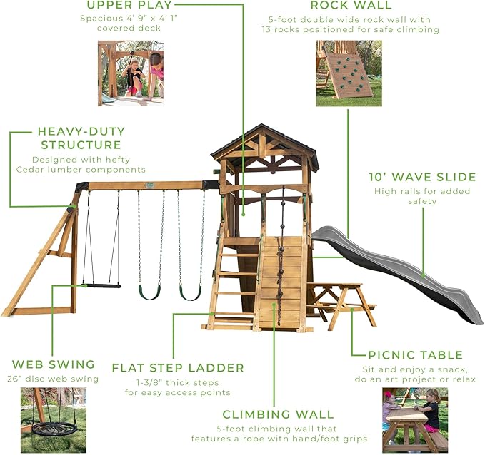 Backyard Discovery Endeavor II Cedar Wood Swing Set with Wave Slide, Play Deck, Double Rock Wall, Picnic Table, Climbing Wall, Belt Swings, Web Swing, Toy Telescope, Step Ladder, Outdoor Playset