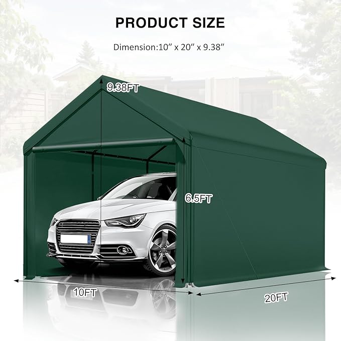 10x20 ft Heavy Duty Carport, Carports Garage with Removable Sidewalls and Reinforced Structure, Outdoor Car Canopy Tent Shelter for Vehicle and Boat (Green)