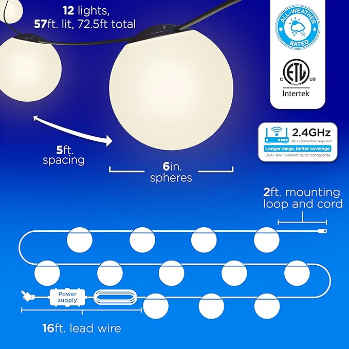Enbrighten Vibe Sphere Outdoor String Lights, 57ft, 12 RGBWIC Bulbs, 6in Extra Large Spheres, Waterproof, Patio, Backyard, Gameday, Holiday, Smart App, Compatible with Alexa, Google Home, 85976