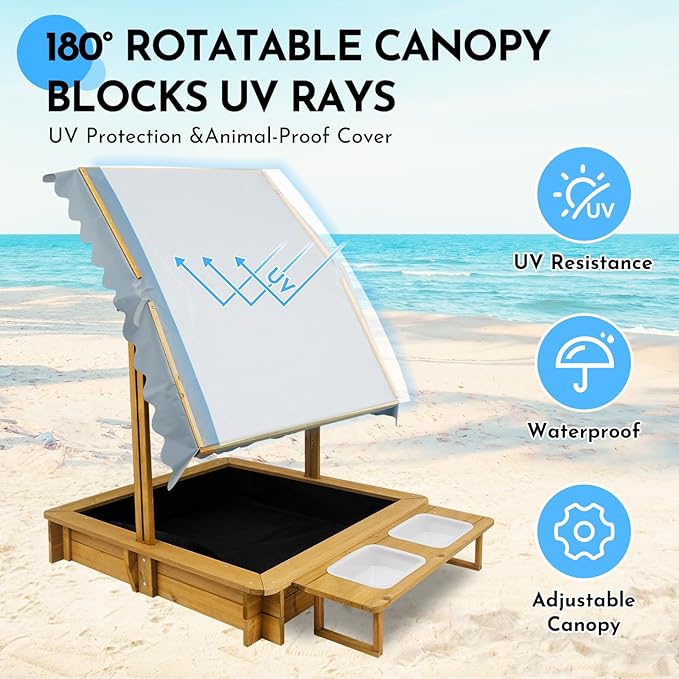 Sandbox with Lid, Outdoor Wooden Kids Sand Box with Adjustable Canopy & Two Toy Basins, Sandbox with Cover for Backyard, Beach, Gift for Kids Aged 2-8, Bottom Liner & UV-Resistant, 45''