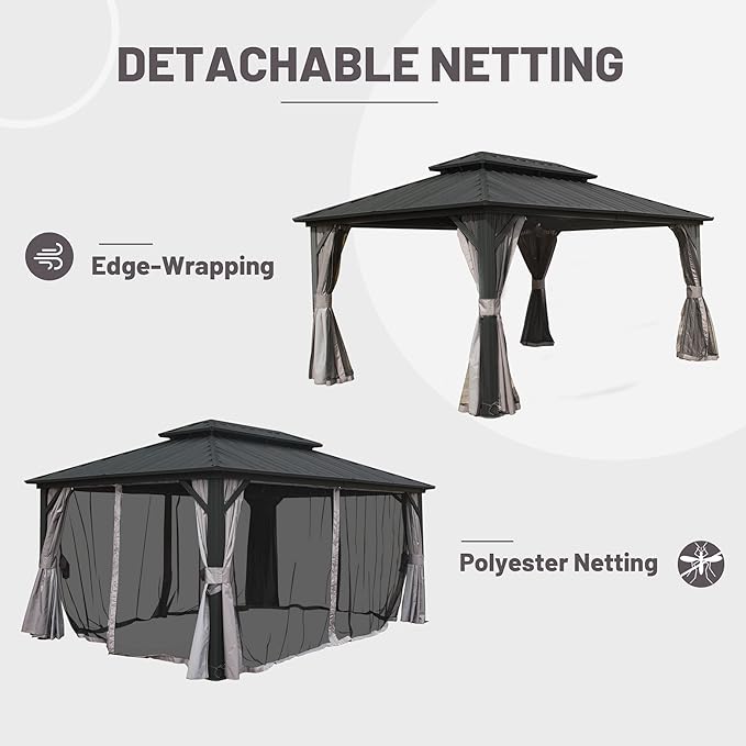 Domi 12’ x 14’ Hardtop Gazebo Canopy Outdoor Aluminum Gazebo, Galvanized Steel Double Roof with Netting for Deck, Backyard, Patio, Garden