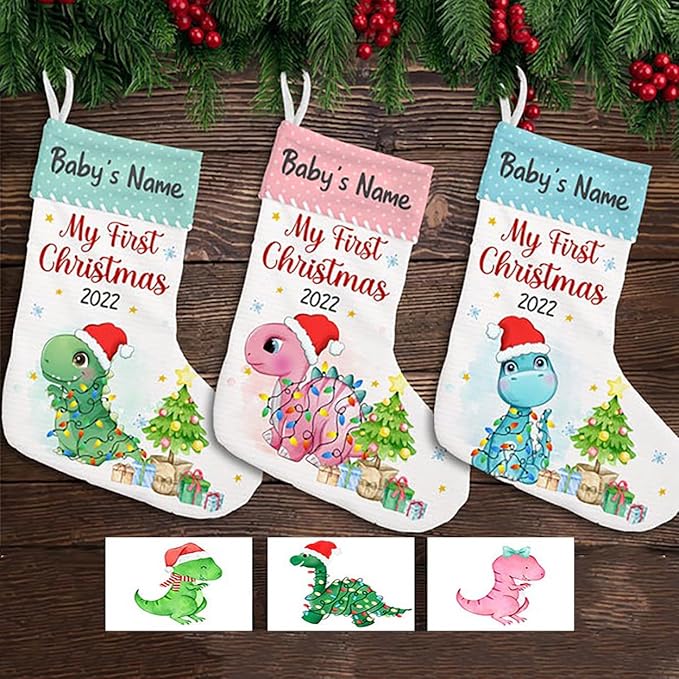 LOVELYPOD Christmas Stockings Personalized with Name, 19" Christmas Stocking Baby Boy Girl First Christmas Dinosaur Stocking 2023, Xmas Stocking Holiday Christmas Decoration Gifts for Family Kids