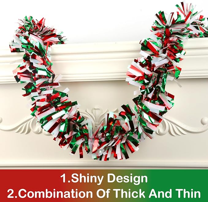 50ft Metallic Tinsel Twist Garland - Christmas Tree Decorations in Red, Green & White