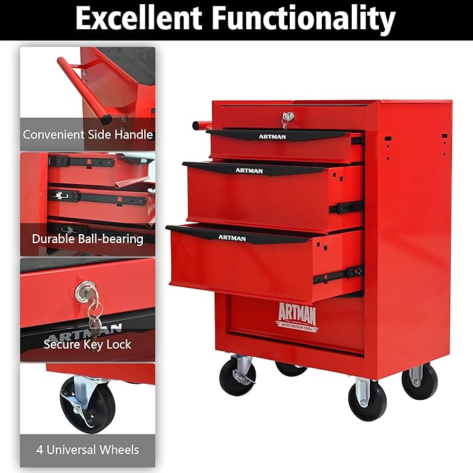 RYH 4 Drawers Rolling Tool Chest - Heavy Duty Mobile Tool Cart with Locking Wheels & Ball Bearing Drawers, 30.5 H x 20.9 W x 13 D Garage Tool Storage Cabinet (Red, 4 Drawers)