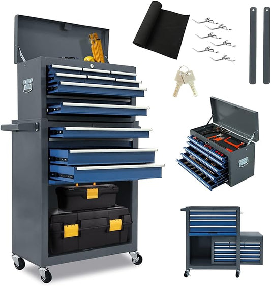 13 Drawers Tool Chest with Wheels,Large Capacity Tool Storage Cabinet with Removable Top Toolbox, Locking Mechanical Tool Cart with Liner,Suitable for Garages, Warehouses-Blue&Grey