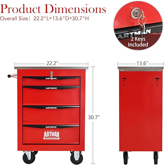 RYH 4/5/6/7 Drawers Rolling Tool Chest -Heavy Duty Mobile Metal Tool Box with Locking Wheels, with Stainless Steel Worktop, Garage Tool Storage Cabinet (Red, 4-Drawers 30.7 H¡¿22.2 W)