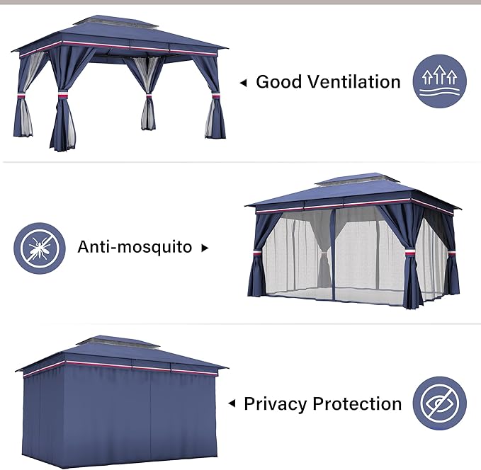 LAUSAINT HOME 10x13ft Outdoor Patio Gazebo with Double Roof, Heavy Duty Waterproof Gazebo Canopy Tent with Mosquito Netting for Backyard, Garden, Lawn & Wedding, Classic Blue