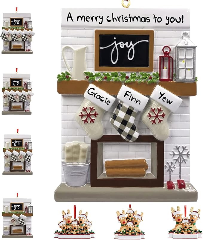 Personalized Christmas Ornaments 2023 Fireplace Mantle Family of 2/3/4/5/6 Custom Joy Family Members' Name for Xmas Tree Decorations Customized New Year Keepsake Family Ornament（Family of 3）