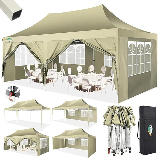 COBIZI 10x20 Pop Up Canopy with 6 Sidewalls,10x20 Canopy Tent Frame Upgraded with 3 Adjustable Heights,Waterproof UV50+ Outdoor Party Commercial Ez Up Gazebos with Carry Bag(10 x 20 ft Khaki)