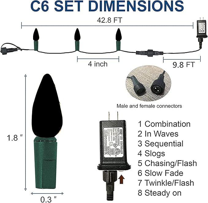 Dazzle Bright C6 Green Christmas Lights, 100 LED 33 FT Outdoor Christmas Lights Waterproof Plug in with 8 Modes for Indoor Xmas Tree Decorations