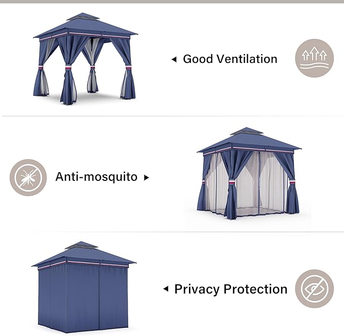 LAUSAINT HOME Semi-Permanent Patio Gazebo 8'x8' with Expansion Bolts, Outdoor Heavy Duty Party Tent with Double Roofs, Mosquito Nettings and Privacy Screens for Backyard, Garden, Lawn, Navy Blue