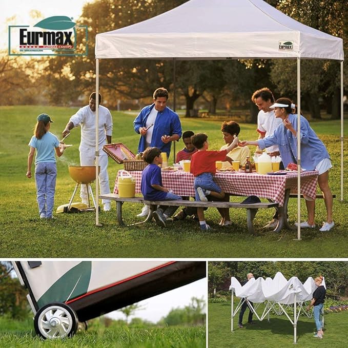 Eurmax USA 8'x12' Pop Up Canopy Tent Commercial Instant Canopies with Heavy Duty Roller Bag,Bonus 4 Sand Weights Bags (Khaki)