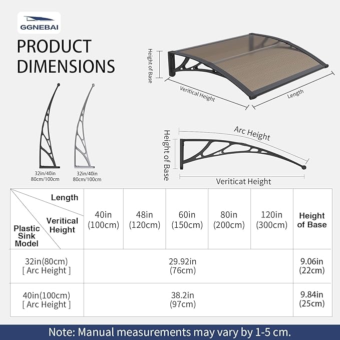 Awning for Door Entrance,32x48 Inches Window Awnings for Doors Canopy Polycarbonate Cover Patio Door Awning UV Rain Snow Sunlight Protection Hollow Shee