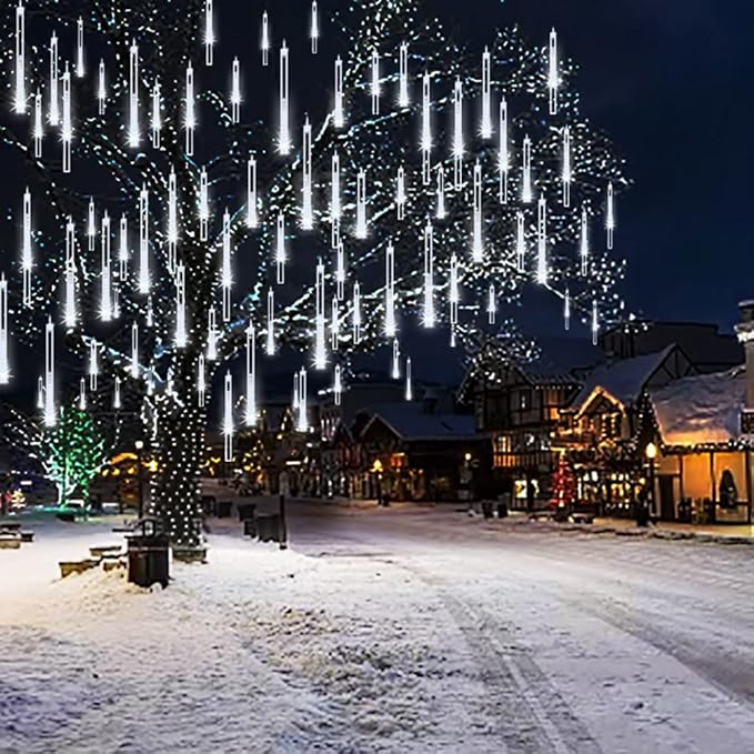 Christmas Lights Outdoor 32 Tubes 768 LEDs Meteor Shower Lights UL Certified Snow Falling Rain Drop Icicle String Light for Xmas Tree Christmas Decorations Outdoor Wedding Party Window,White