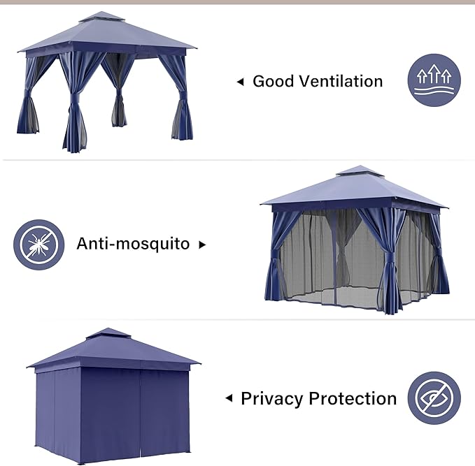 LAUSAINT HOME 10x10ft Outdoor Patio Gazebo with Double Roof, Heavy Duty Waterproof Gazebo Canopy Tent with Mosquito Netting for Backyard, Garden, Lawn & Wedding, Navy Blue