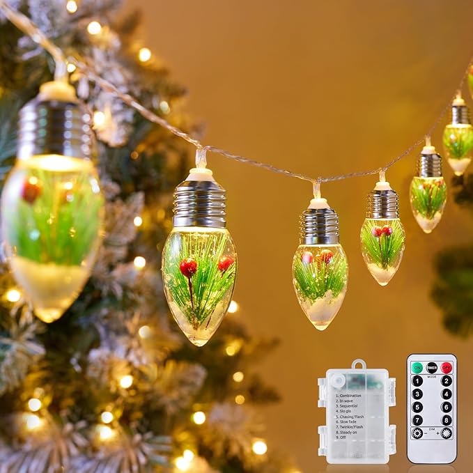 Brightown Christmas Lights Indoor, 7.5Ft Christmas Snow Globe Lights with Berry & Pine Needles,Battery Powered String Lights for Tree Garland Party Xmas Decor