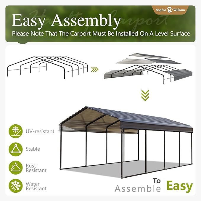 Sophia & William Carport Car Port Metal Canopy 12x20 ft Heavy Duty for Snow, Portable Garage Kit Shed Tent Shelter Metal Frame All Weather Outdoor for Boat with Anti-Leak Seam Taped, Dark Grey