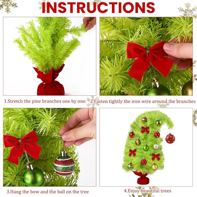 2FT Artificial Whimsical Christmas Tree Lime Small Bendable Christmas Tree with Lights Hanging Balls Bows Curved Shape Tabletop Tree Decor for Xmas Holiday Indoor Outdoor Decor