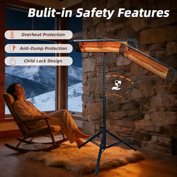 Electric Outdoor Patio Heater with Tripod, 1500W Infrared Heater Remote, 12H Timer, IPX6 Waterproof, 3 Heat Levels, Portable Electric Space Heater for Garage Backyard Indoor Use