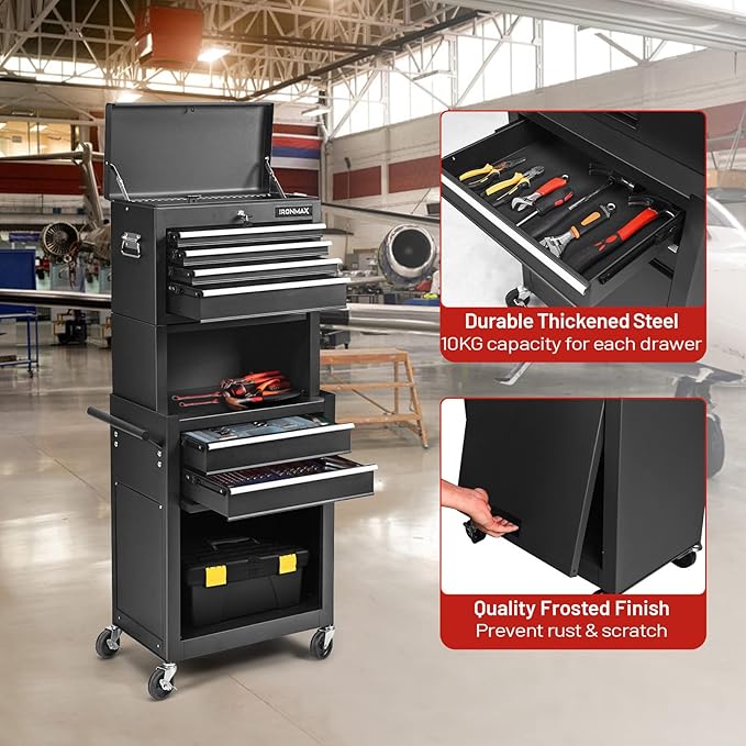 ERGOMASTER Rolling Tool Chest - Removable Top Box Large Bottom Cabinet with Casters and Lock System Tool-Box - Heighten 6-Drawer Black