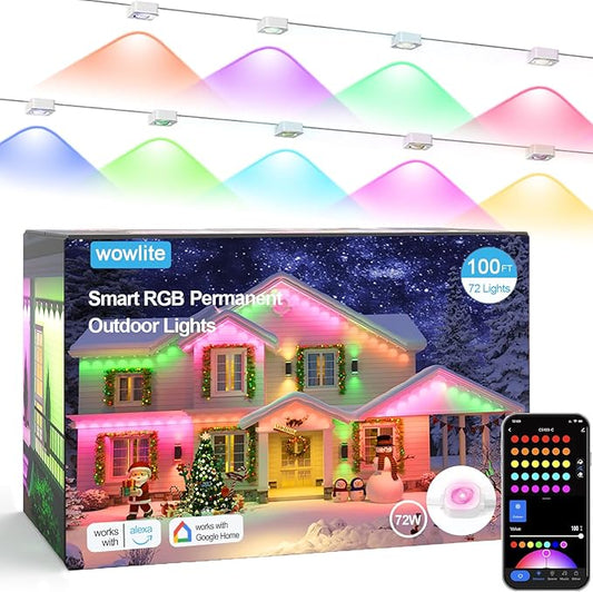 wowlite Permanent Outdoor Lights 100FT, RGBIC Smart Eave Lights with 72 LEDs, IP67 Waterproof, 110+ Scene Modes for House, Daily & Holiday Decorations, Christmas, Works with Alexa & Google