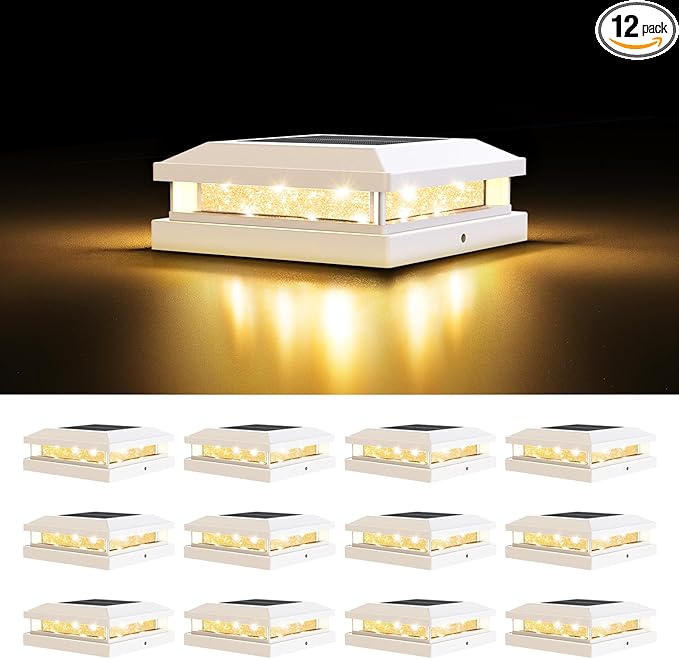 Brightever 4x4 Solar Post Cap Lights Outdoor, Waterproof Solar Powered Fence Post Lights for 5x5 Vinyl/Wooden, White Outside 16LEDs Warm/Cool Lighting Deck Light for Garden, Patio, Porch, 12-Pack