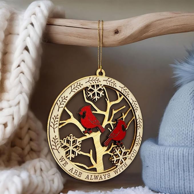 Cardinal Memorial Christmas Ornament – Wooden Cardinal Bird Decoration with “We are Always with You” Quote – Remembrance Ornament for Loved Ones, Bereavement Christmas Tree Hanging Ornament