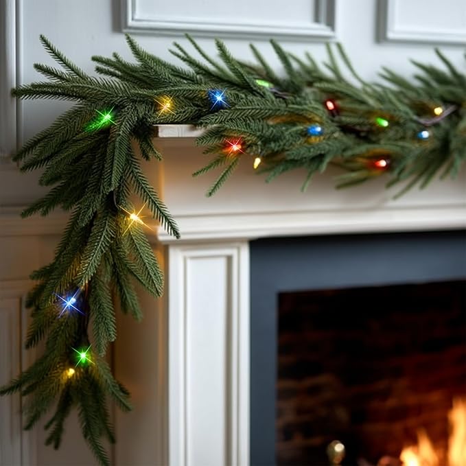 TW SHINE 9 FT Pre-Lit Christmas Garland Decorations, 50 LED Lighted Artificial Norfolk Pine Garlands with 8 Modes, Green Garland for Indoor Outdoor Table Mantle Stairs Fireplace Decor, Multi-Colored