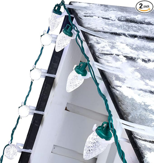 C9 LED Christmas Lights Outdoor, 68 Ft 100 LED C9 String Light with 100 All in One Clips, Connectable Waterproof Christmas Tree Lights for Outside Roofline Backyard Garden Decor, Pure White 2 Pack