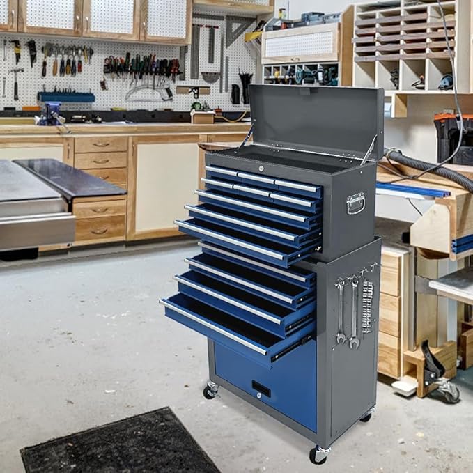 13-Drawer Rolling Tool Chest,Toolbox with Wheels,Tool Cabinets with Drawers, Top Detachable Tool Box with Hooks Handles for Workshop Mechanical Garage (blue£¦grey)
