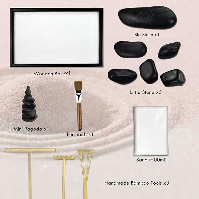 Artcome Japanese Zen Sand Garden for Desk with Rake, Stand, Rocks and Mini Furnishing Articles - Office Table Accessories, Mini Zen Sand Garden Kit - Meditation Gifts