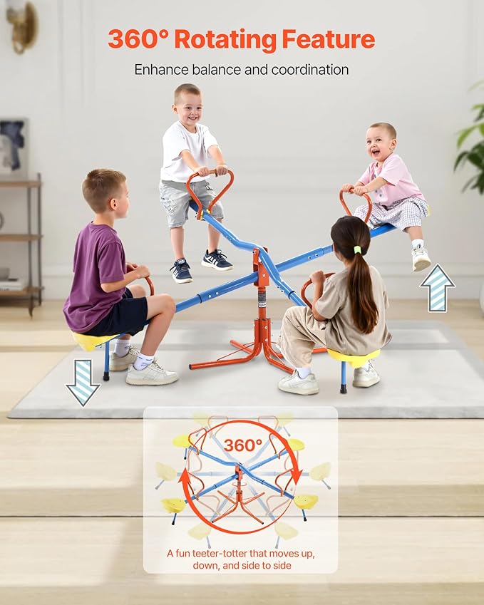 VEVOR Seesaw Teeter Totter for Kids, 110 lbs Load Capacity per Seat, Sit and Spin Teeter Totter with 4-prong Support Legs, Playground Equipment with Swiveling 360 Degrees Rotating for Aged 3+, 4 Seats