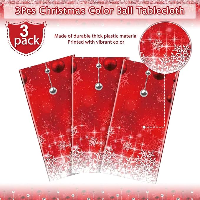 Jectivs 3Pieces Merry Christmas Tablecloth Plastic Christmas Tree Ball Table Cover Rectangle Winter Snowflake Tablecloth for Merry Christmas Holiday New Year Eve Party Decorations Supplies,54x108inch