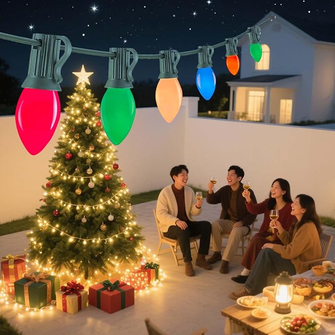 C7 LED Christmas String Lights,Vintage 25Ft Outdoor Multicolor String Lights with 27 Energy-Efficient Waterproof Glass LED Bulbs for Christmas Backyard Carnival,Patio,Wedding,Holiday Decoration.