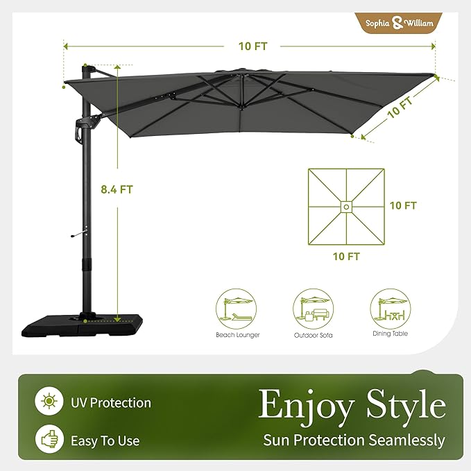 Sophia & William Cantilever Patio Umbrella 10ft, Large Square Outdoor Umbrellas with Crank Handle, 7-Level Tilt and 360° Rotation, Windproof Crashproof Design for Pool Garden Backyard with Base (Grey)