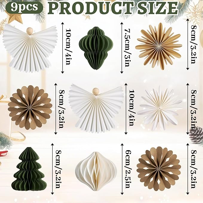 9 Pcs Mini Paper Christmas Hanging Ornaments, Handcrafted with Carstock, White, Sage Green and Brown Decorative Paper Christmas Tree Ornament, for Xmas Holiday Party Home Tree Decor