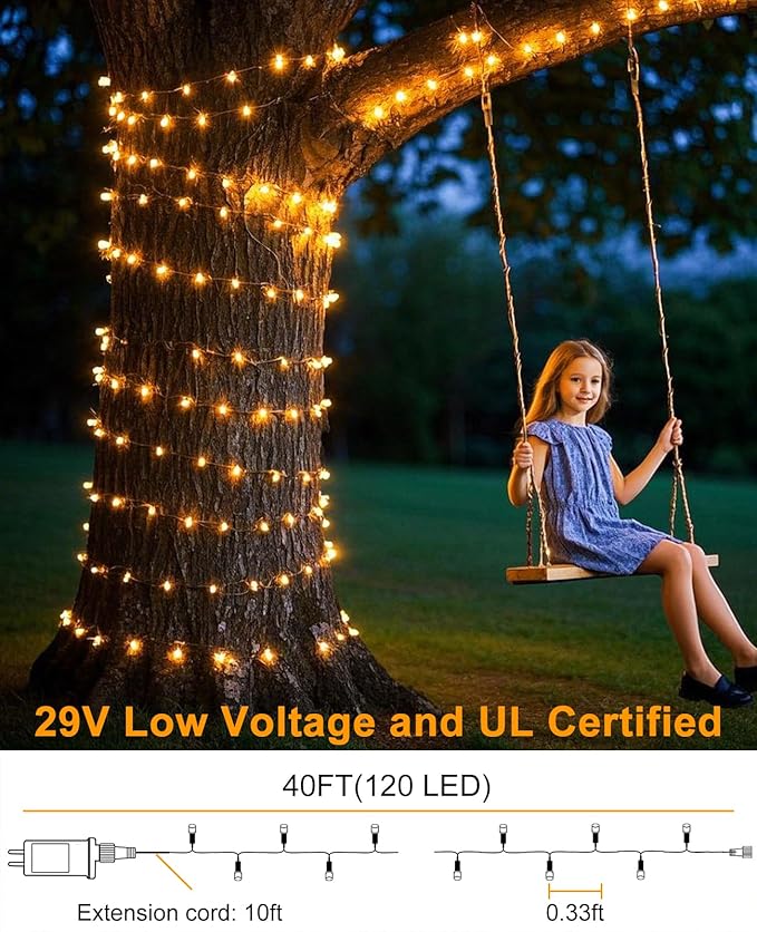40FT 120 LED Christmas Lights Outdoor, Warm White Christmas String Lights with 8 Modes & Waterproof, Connectable Plug in Christmas Tree Lights for Indoor Bedroom Yard Holiday Decorations