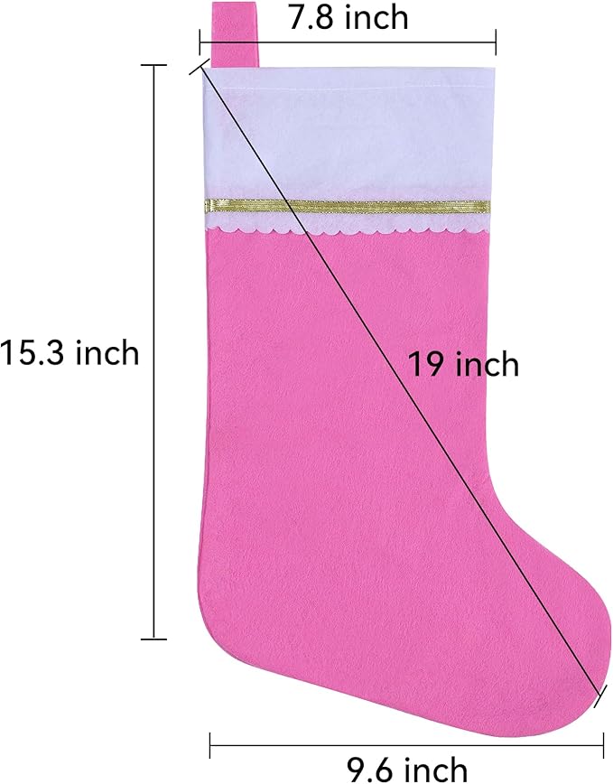 36 Pack Felt Christmas Stockings, 19 Inches Pink and White Christmas Stockings Hanging Ornaments, White Cuff with Gold Trim Christmas Stockings for Family Christmas Holiday Decorations