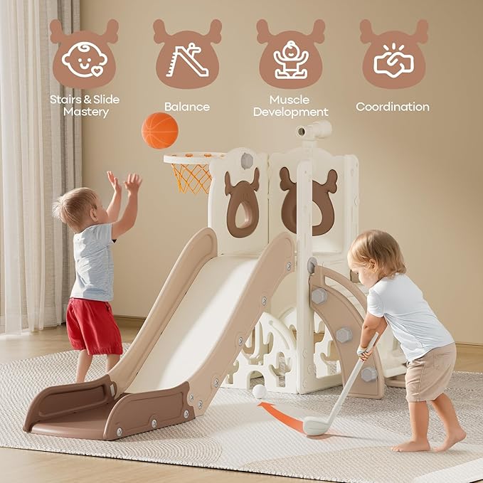 Mloong 7 in 1 Toddler Slide, Kids Slide for Toddlers Baby 1-3 Years Old, Indoor and Outdoor with Basketball Hoop Upgraded Golf for Kids Easy Assembly Elk Design(Beige & Rosy Brown)(28×62×39in)