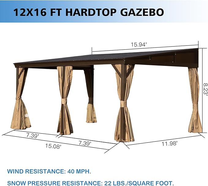 12’ x 16’ Lean to Gazebo, Outdoor Wall Mounted Gazebo Aluminum Frame, Hardtop Pergola with Galvanized Steel Sloping Roof for Patio Deck Garden Backyard, Curtain and Netting Included