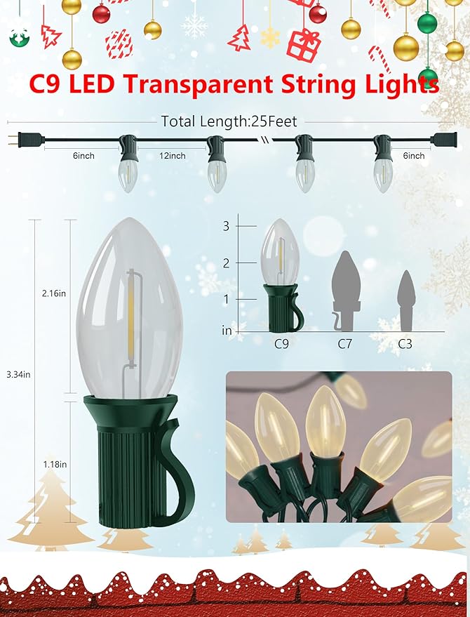 Vintage C9 LED Christmas Lights Outdoor, 25Ft LED C9 Warm White Christmas String Lights with 26 Clear Bulbs, Outdoor Christmas Decorations Lights Waterproof for Patio Garden Roofline Holiday Party