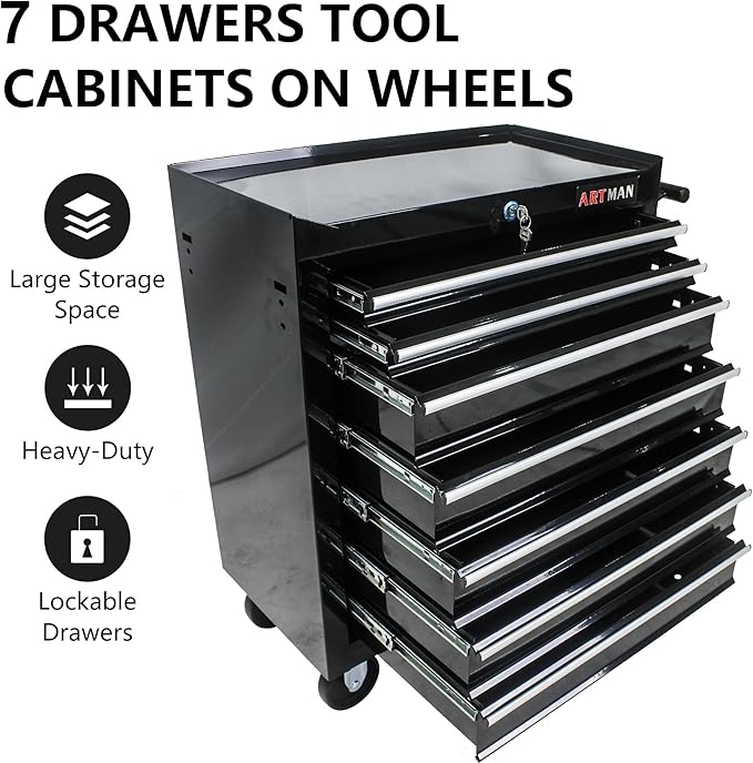 RYH 7 Drawers Rolling Tool Chest & Tool Box on Wheels | Heavy Duty Metal Cart with Ball Bearing Drawers | Fits US General Tool Box for Garage Storage (Black, 7 Drawers£¨29.9 H ¡¿ 24.2 W ¡¿ 12.9 D)