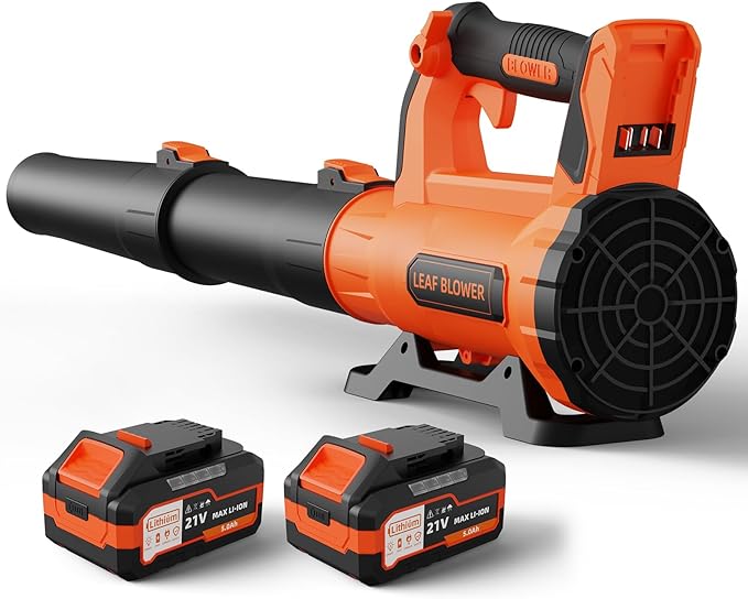 Leaf Blower Cordless with 2¡¿ 5.0Ah Batteries and Charger, 21V Electric, Lightweight Battery Powered Blowers for Lawn Care, Yard, Patio Cleaning, Blowing Leaves & Dust, Organe