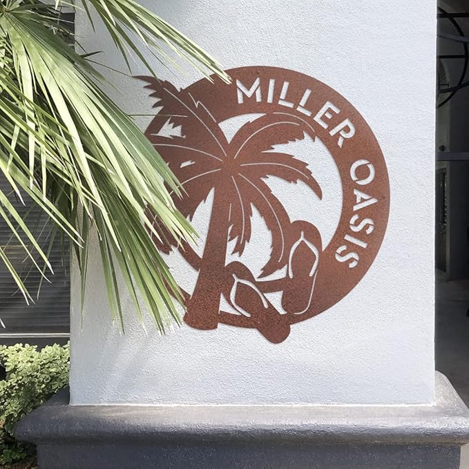 RealSteel - Tropical Oasis Monogram - Custom Wall Art for Beachfront Properties or Vacation Rentals - Great for Backyards, Pools and Patios - Summer Fun, Palm Trees and Sandals (24", Black)