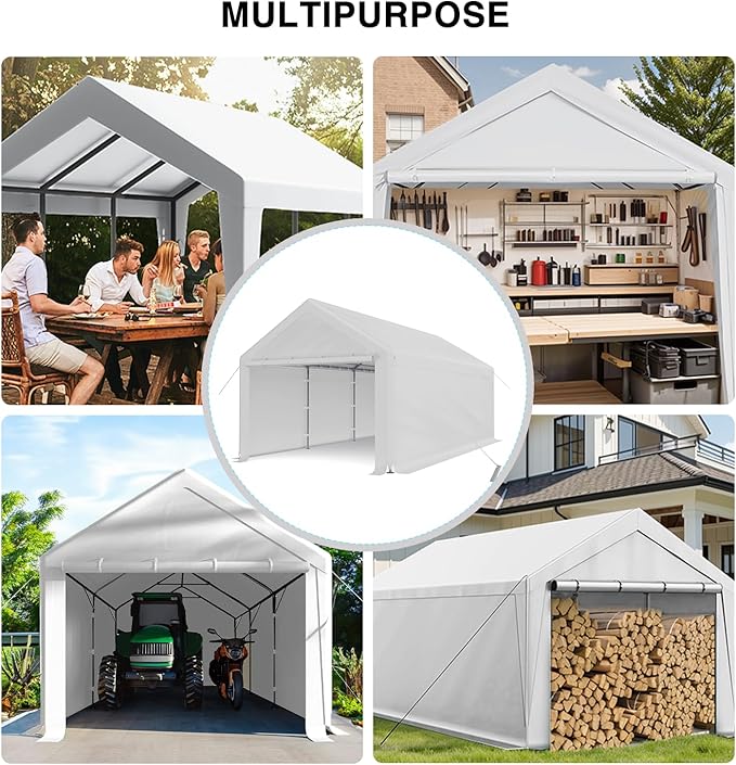 10x20 ft Heavy Duty Carport, Carports Garage with Removable Sidewalls and Reinforced Structure, Outdoor Car Canopy Tent Shelter for Vehicle and Boat (White)