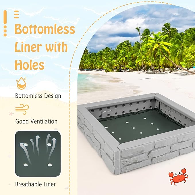 HONEY JOY Sandbox with Cover, 47 x 47 Inch Square Sand Pit for Backyard, Bottom Drainage Oxford Liner, HDPE Playful All Weather Resistant Sand Boxes for Kids Outdoor with Lid (Gray)